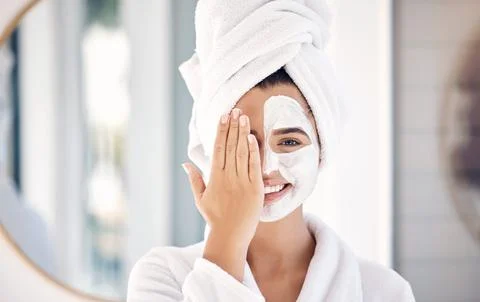 Woman, face mask or hands in skincare spa treatment, home self care or Stock Photos