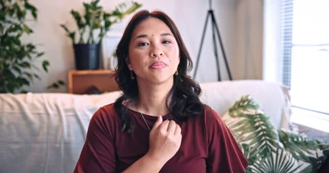Woman, face or therapist with eft tapping on video call for stress relief Stock Footage 331444562
