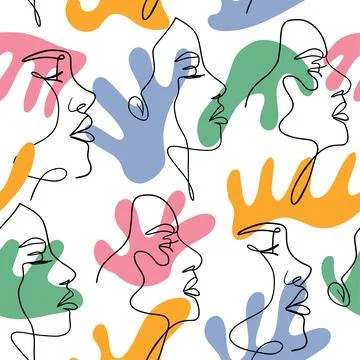 Woman face seamless pattern. Abstract colorful minimal one line female portrait Stock Illustration