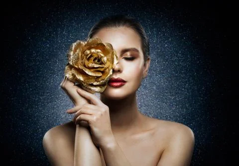 Woman Face Skin Care Flower Gold Mask. Beautiful Fashion Girl golden Rose Stock Photos
