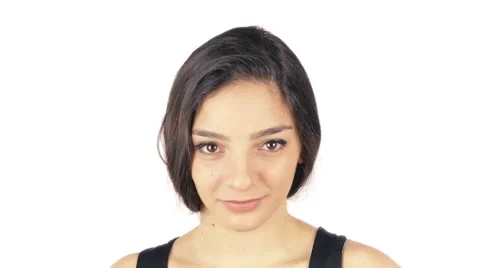 Woman Facing Camera Close up on White, Video for advertisement Stock Footage 52007170