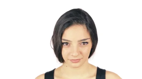 Woman Facing Camera Close up on White, Video for advertisement Stock Footage 52018067
