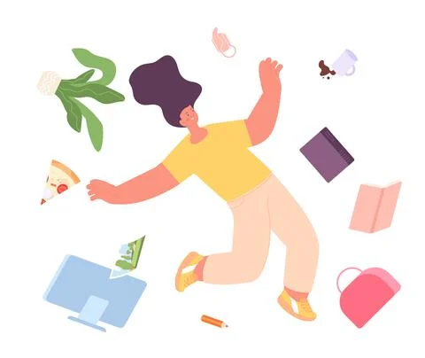 Woman falling down with different things. Female character fly, isolated girl Stock Illustration
