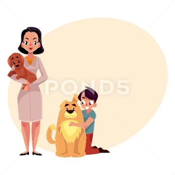 Woman, female veterinarian doctor, vet and little boy with dogs Stock Illustration