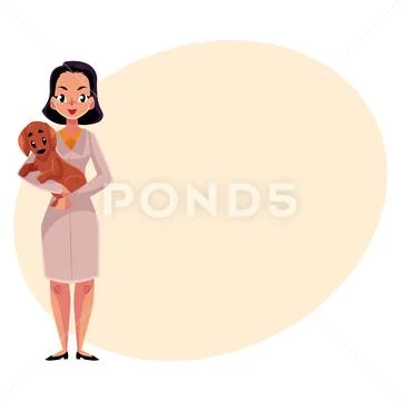 Woman, female veterinarian doctor, vet in medical coat holding dog Stock Illustration