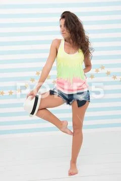Woman fit slim lady wear summer outfit. Feel comfortable and free. Healthy Stock Photos