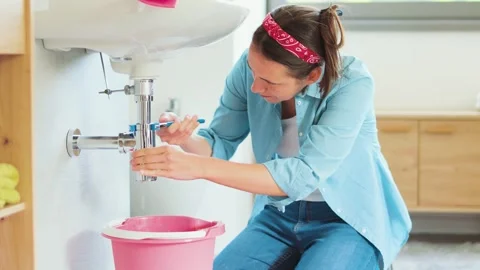 Woman fixing a leaking pipe by herself Stock Footage 297857892