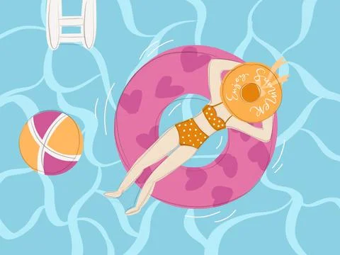 Woman floating on a heart patterned inflatable ring in a blue swimming pool,  Иллюстрация