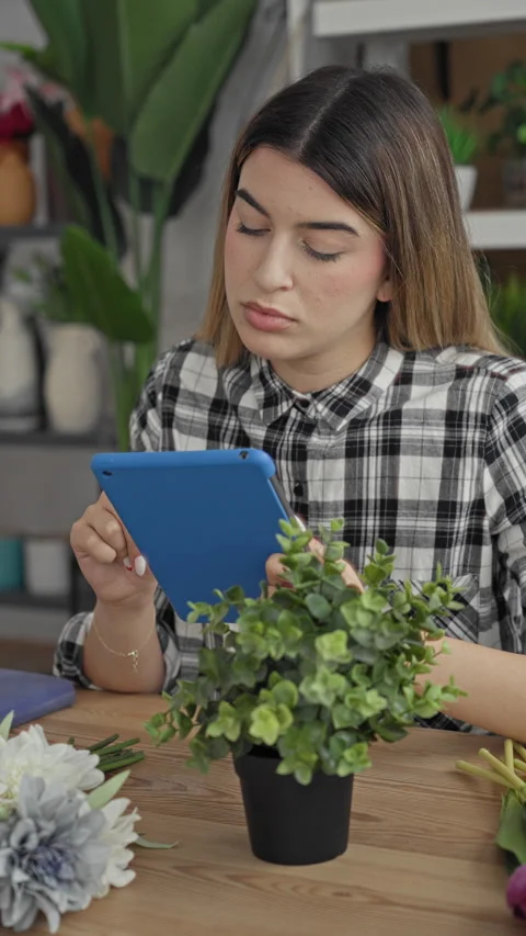 Woman florist using blue tablet touches screen with finger beside potted pl.. Stock Footage 337370714