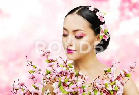 Woman Flowers Bunch, Girl Pink Beauty Makeup, Asian Fashion Model Stock Photos