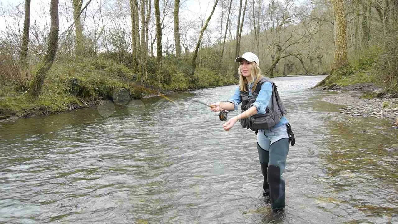 woman fly fishing in river, Stock Video