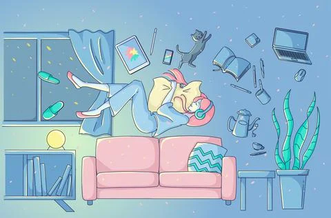 A woman flying while sleeping on the sofa in her room at night. stay home. Stock Illustration