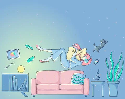 A woman flying while sleeping on the sofa in her room at night. stay home. Stock Illustration