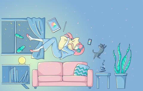A woman flying while sleeping on the sofa in her room at night. stay home. Stock Illustration