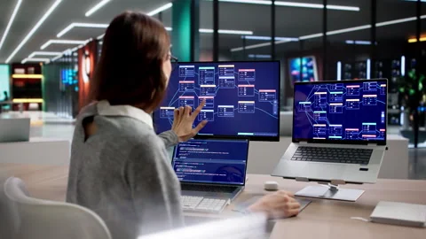 Woman Focused On Programming Using Nodes Stock Footage 334927387