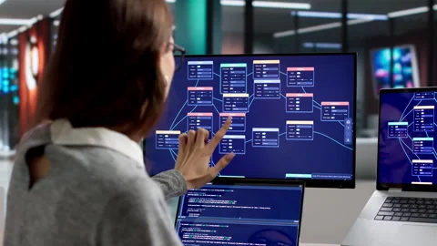 Woman Focused On Programming Using Nodes Stock Footage 335456619