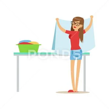 Woman Folding Clean Laundry, Part Of People Using Automatic Self-Service Stock Illustration