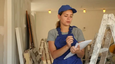 Woman foreman checks the completed construction work on the drawing Stock Footage 329540698