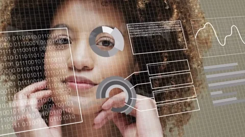 Woman framing face, binary panel appearing over face and starting tech HUD Stock Footage 333528977