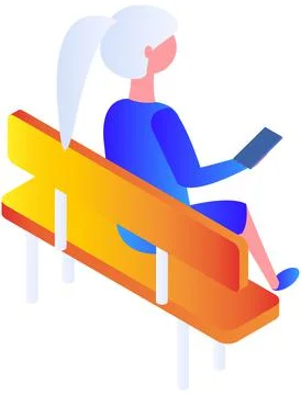 Woman in free internet zone using mobile gadget. Lady sits on bench with Stock Illustration