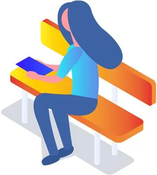 Woman in free internet zone using mobile gadget. Lady sits on bench with tablet Illustrazione stock