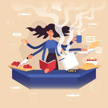 Woman freelancer does several things at once time. Stock Illustration