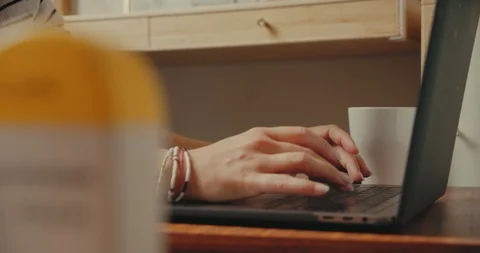 Woman freelancer type on keyboard, work from home Stock Footage 126572985
