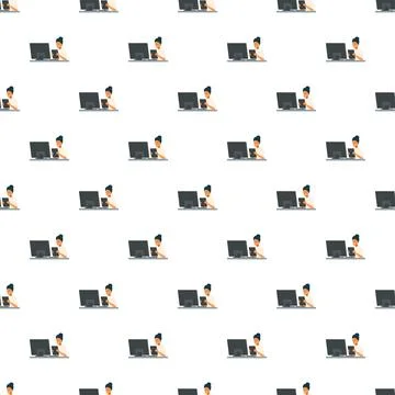 Woman freelancer working on laptop computer seamless pattern Stock Illustration