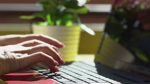 Woman freelancer working on laptop at home-office. Close up of female hands Stock Footage 149090053