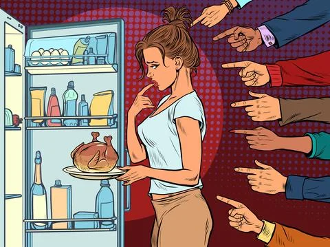 Woman with fried chicken or turkey, weight loss diet. shame condemnation of Stock Illustration