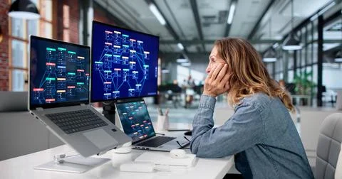 Woman Frustrated With Slow Low-code Platform Struggling On Laptop. 스톡 사진