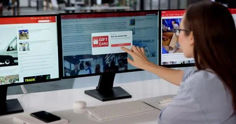 Woman Frustrated Using Computer As Endless Popup Ads Interrupt News Reading E 库存照片