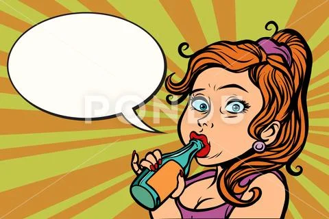 Woman funny drinking a bottle of water or beer Stock Illustration