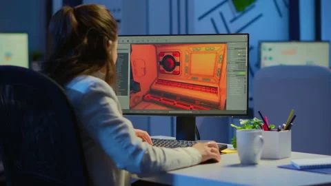 Woman game sotware developer testing new game overtime at night Stock Footage 146172136