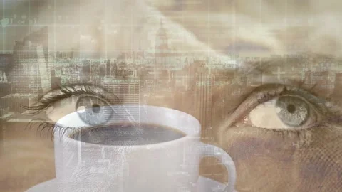 Woman gazing into code overlay on coffee cup, with technology data grids and Stock Footage 330344770