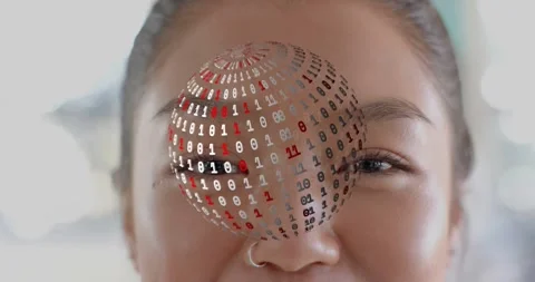 Woman gazing digits spawning sphere covering face shrinking to forehead Stock Footage 317592271