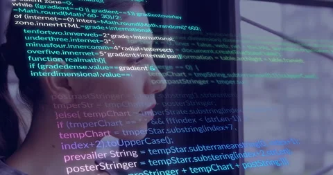 Woman gazing at transparent screen, programming code floating over profile in Stock Footage 309285381