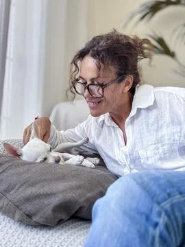 Woman gently stroking a tiny white chihuahua dog sleeping peacefully on a c.. Stock Photos