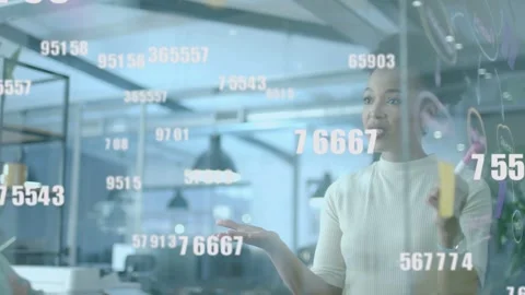 Woman gesturing at glass, adjusting notes and causing drifting numeric graphs Video stock 333540251