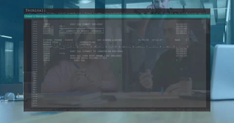 Woman gesturing initiating scrolling SQL code overlay while colleagues reviewing Stock Footage 309895174