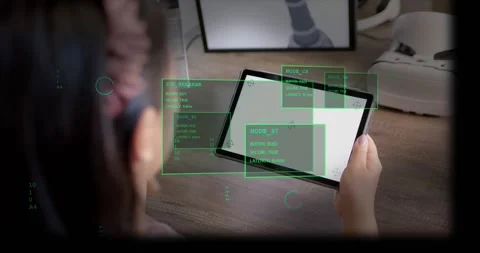 Woman gesturing over tablet, causing green HUD panels highlighting NODE_87 and Stock Footage 333823544