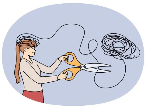 Woman gets rid mental problems by cutting off tangled threads coming from head Illustrazione stock