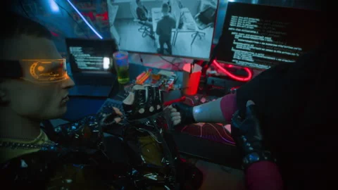 Woman Getting Arm Code Scanned by Cyberpunk Man in Visor Programming on Computer Stock Footage 327768565