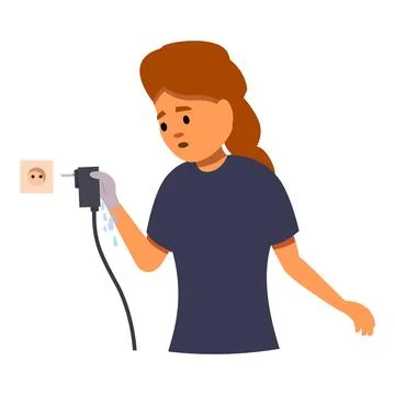 Woman getting electric shock plugging wet cable into socket Stock Illustration