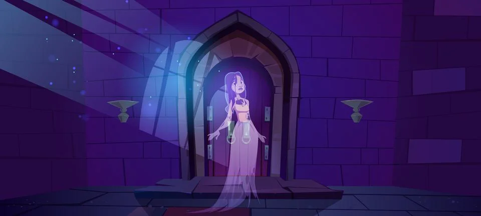 Woman ghost in medieval castle with wooden doors Stock Illustration
