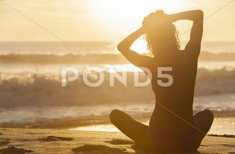 Woman Girl Sitting Sunrise Sunset Bikini Beach Stock Photos