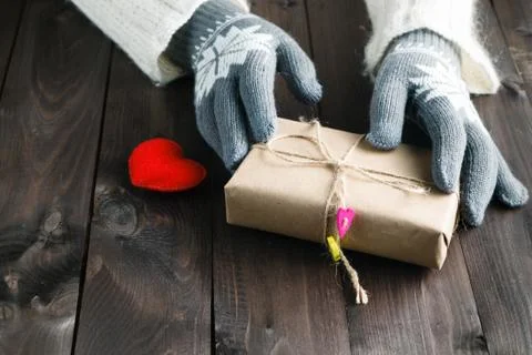 Woman give red heart and present Stock Photos