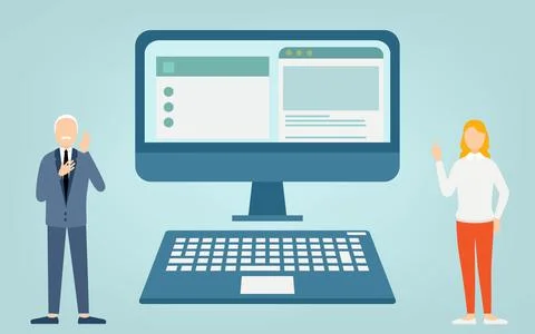 A woman giving a presentation in front of a computer monitor and an elderly man Illustrazione stock