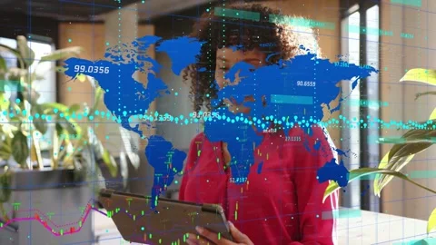 Woman glancing at tablet and tapping while reviewing business data, animated map Stock Footage 334338137