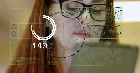 Woman with glasses holding tablet causing overlay on face with meter filling 库存影片 321070622